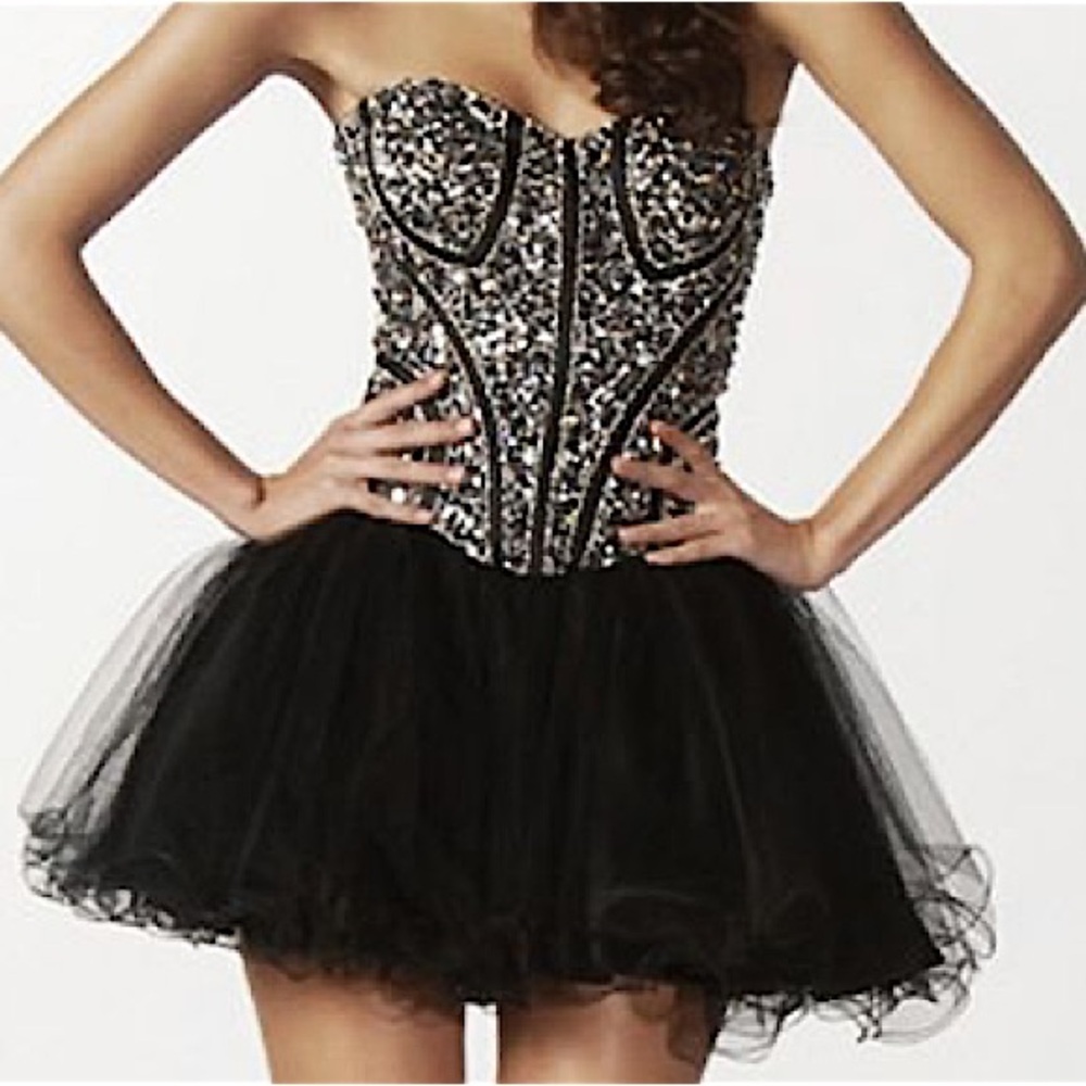 Jovani Black Strapless Beaded Tulle Cocktail Dress